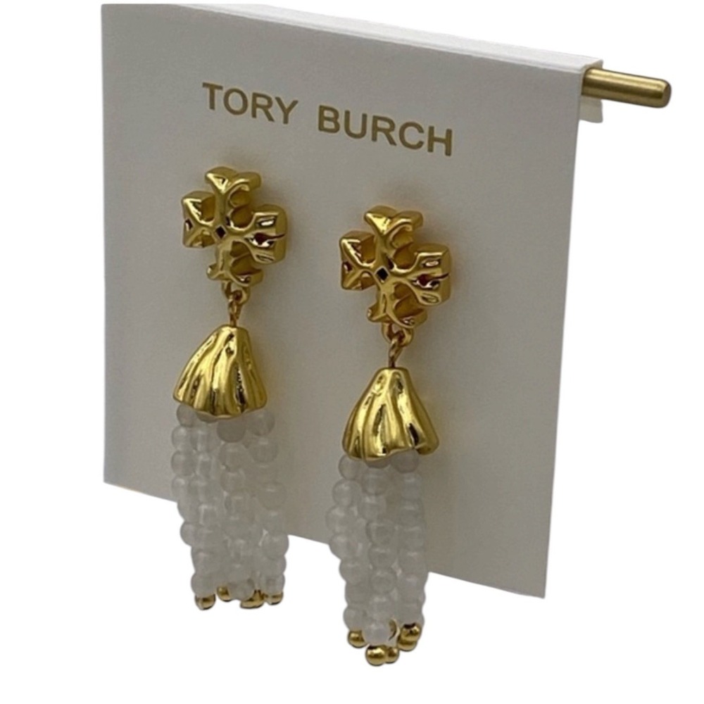 Tory Burch Roxanne Icon Logo Gold Tone Earrings w/ Beaded Strands Tassels New
